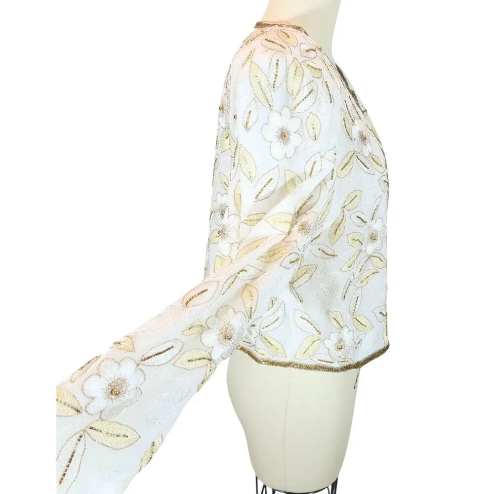 LAURENCE KAZAR Vintage Beaded Cropped Formal Jacket Size Lp NWT NOS Cream Gold - Picture 3 of 8